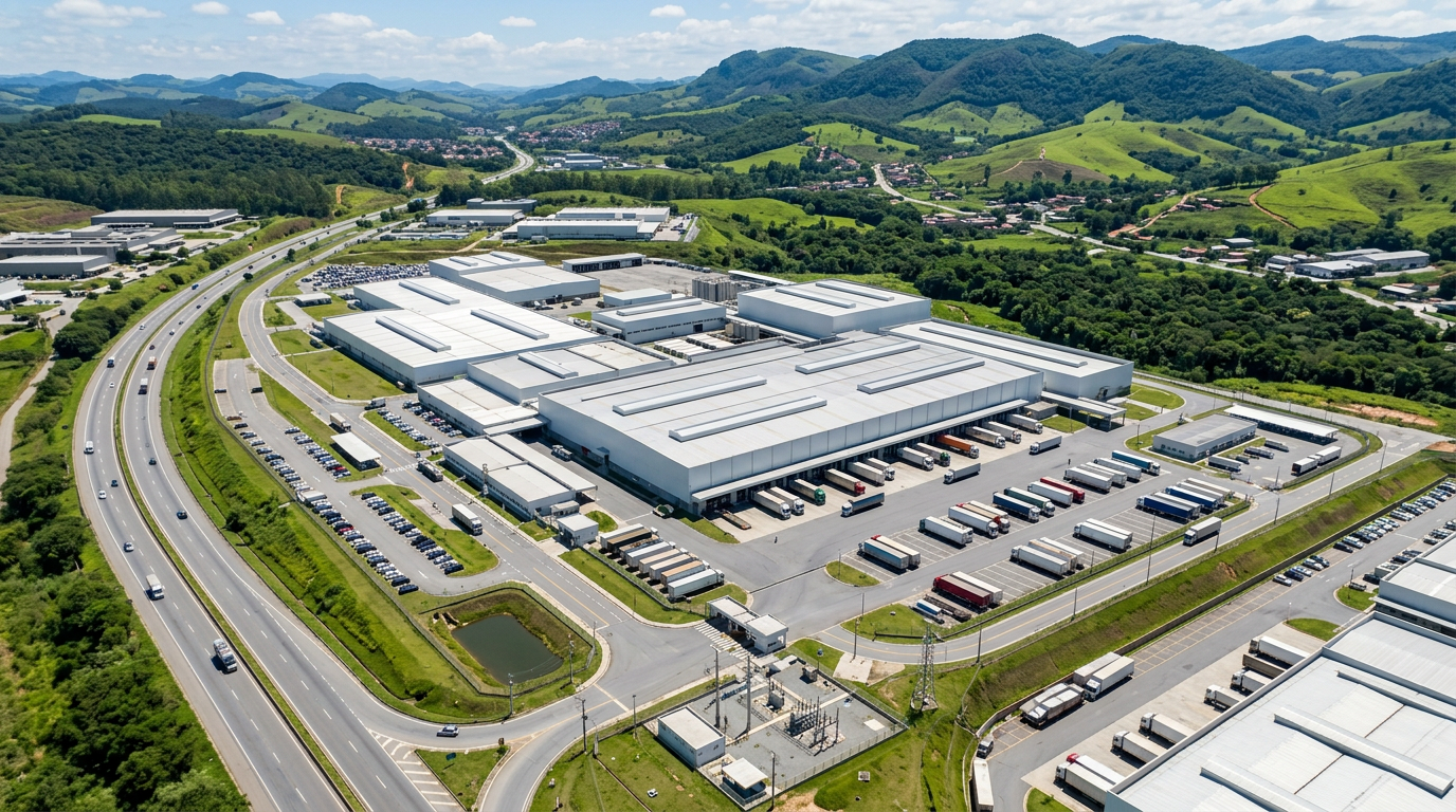 Vista aérea de planta industrial automotiva às margens da rodovia no Vale do Paraíba